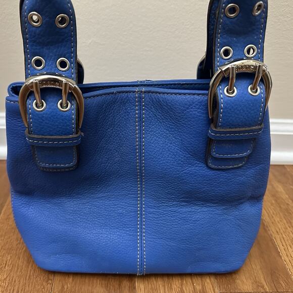 Tignanello Perfect 10 Handbag Purse Blue Pebbled Leather Double Handles - Picture 2 of 12